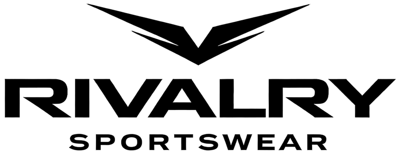 Rivalry Sportswear logo featuring a bold angular wing emblem in black, representing a modern athletic apparel brand